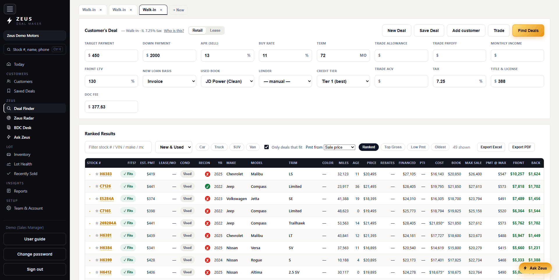 Deal Finder with the customer's payment, down and term, and every unit on the lot ranked with its payment, fit and gross
